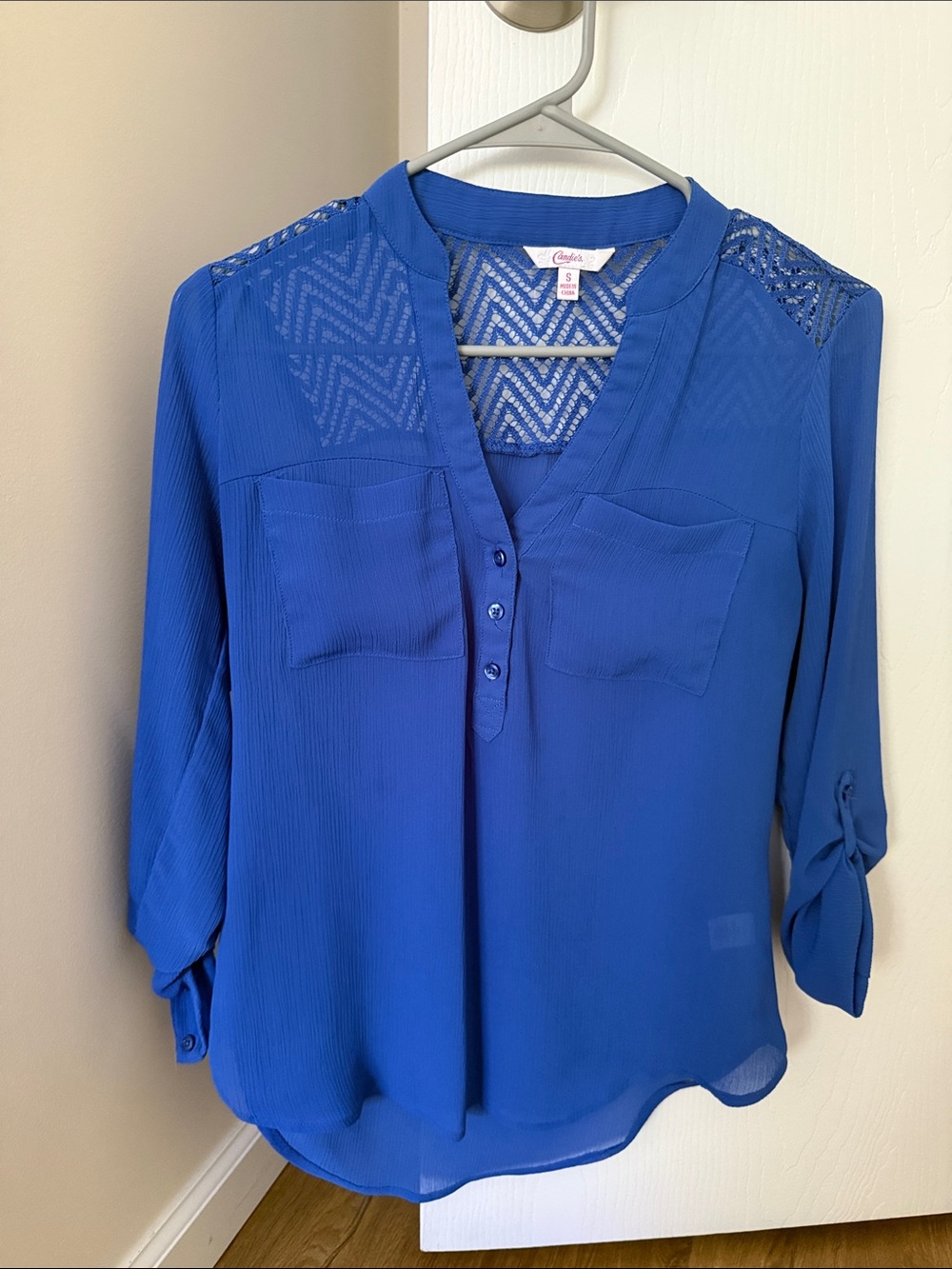 Cobalt Blue Lace-Yoke V-Neck Blouse